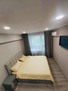 um quarto com uma cama grande e uma televisão de ecrã plano em Светлые апартаменты- Афины em Almaty