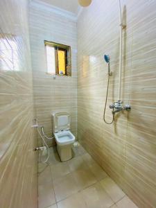 a bathroom with a toilet and a shower at Tin apartment Tanga in Tanga