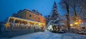 een huis bedekt met kerstverlichting in de sneeuw bij Hotel Mayerling in Mayerling