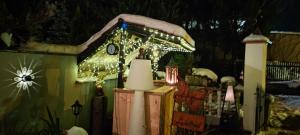 a house covered in christmas lights with snow on it at Hotel Mayerling in Mayerling