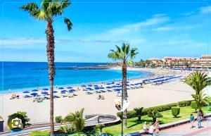 a beach with palm trees and the ocean at Mara apartment with beautyful oceanview in Playa de las Americas