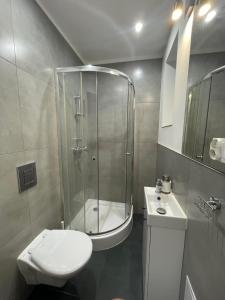 a bathroom with a shower and a toilet and a sink at Hostel BYTOMSKA in Września