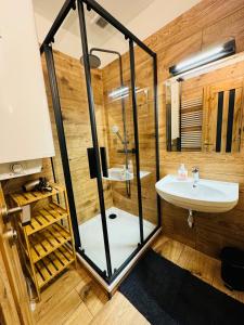 a bathroom with a glass shower and a sink at Apartmány KAMZÍK Donovaly in Donovaly