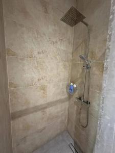 ein Bad mit einer Dusche und einer Glastür in der Unterkunft Rhône Studio (Drôme/Ardèche) in Viviers