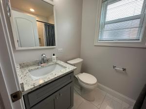 a bathroom with a sink and a toilet and a mirror at Belmont Heights Oasis in Chicago