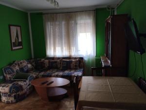 a living room with green walls and a couch and a table at Vila Mihajlovic in Brus