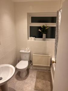 a bathroom with a toilet and a sink and a window at Luxury Cosy Retreat Apt in London