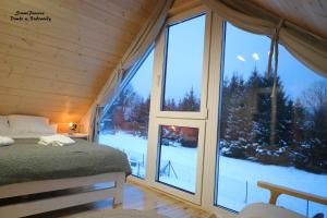 Pokój z łóżkiem i dużym oknem w obiekcie SzumiPuszcza - domki, sauna, jacuzzi w Białowieży
