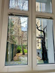 a window with a view of a tree outside at Almond Studio Apartment in Bratislava