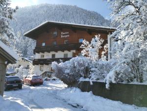 um grande edifício na neve com carros estacionados na frente em Ferienwohnung Bonny em Schlitters