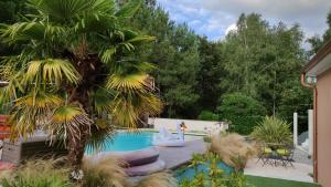 een zwembad met een palmboom en een opblaasbaar zwembadvlot bij Pascal et Domi "l'oasis des pins" in Saint-Biez-en-Belin