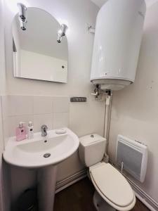 a bathroom with a sink and a toilet and a mirror at Studio neuf au calme proche gare maritime - 7 min in Nantes