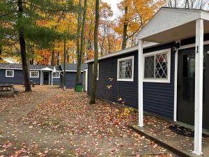 ein blaues Haus mit Blättern auf dem Boden davor in der Unterkunft Hidden Haven Cottages in Lake City