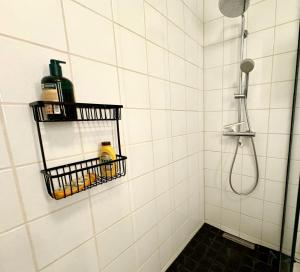 a bathroom with a shower with a black basket on the wall at Reykjavikurvegur 42 in Reykjavík