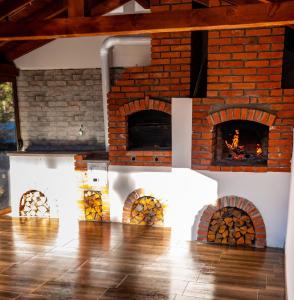 una chimenea de ladrillo con un horno de pizza en una habitación en Vila Mishela, en Berovo