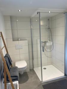 łazienka z prysznicem i toaletą w obiekcie Ferienwohnung Jägerheim w mieście Bürserberg