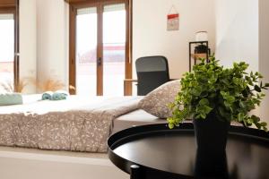 a room with a bed and a table with a plant at Secret Paradise & SPA Rooftop in Quartu SantʼElena