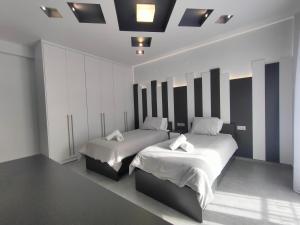 two beds in a room with striped walls at Meteora Scenic Loft in Kalabaka