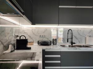 a kitchen with a sink and a counter top at Meteora Scenic Loft in Kalabaka