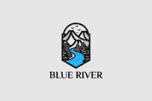 a blue river logo with a mermaid in the middle at Blue River in Santa Marta