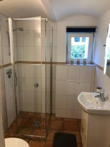 a bathroom with a shower and a sink at Ferienhaus am Wasser - citynah in Berlin