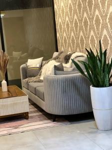 uma sala de estar com uma cama e um vaso de plantas em Zayn villa em Mount Lavinia