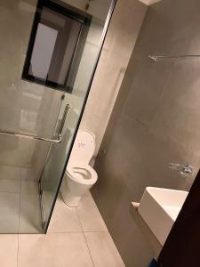 a bathroom with a toilet and a shower and a sink at Zayn villa in Mount Lavinia