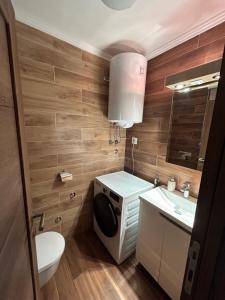 uma casa de banho com uma máquina de lavar roupa e um lavatório em The Only Logde em Zlatibor