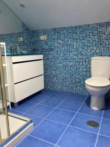 ein Bad mit WC und blauem Fliesenboden in der Unterkunft A Casiña de José in Cangas