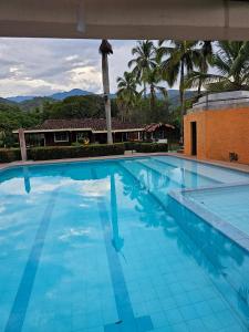 a large blue swimming pool with a palm tree at Finca la Querendona in Santa Fe de Antioquia