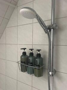 a shower with three green bottles on a wall at Zentrale ruhige 3-Zimmer-Wohnung in Kassel