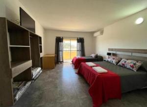 um quarto amplo com 2 camas e uma televisão em Complejo “Aloe Vera” em Villa Dolores
