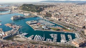 an aerial view of a harbor with boats at SPACIOUS YACHT HOTEL BARCELONA CITY CENTER 5 CABINs in Barcelona