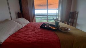 a bed with a tray of food on it with a window at Casa Hebe - En las sierras de Córdoba - cuenta con tres habitaciones y capacidad para 8 personas, tranquila con increibles vistas in Villa Parque Siquiman
