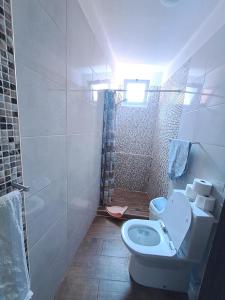 een badkamer met een toilet en een douche bij Happy House Madeira in Funchal