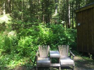 2 sillas de madera y una mesa en el bosque en Alexander's Lodge, en Ashford