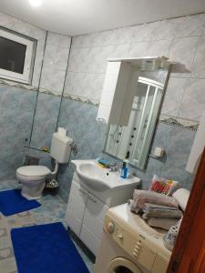a bathroom with a toilet and a sink and a mirror at Apartman Leki in Sarajevo