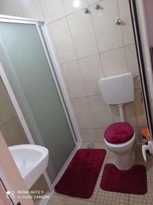 a bathroom with a shower and a toilet and a sink at Recanto D'nha Fana in Porto Novo