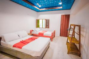格蘭特島的住宿－Isla Los Erizos EcoHouse，一间卧室设有两张床和蓝色的天花板