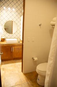 a bathroom with a toilet and a sink and a mirror at Estancia 102 in La Paz