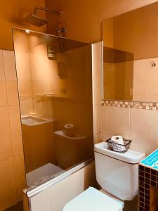 a bathroom with a toilet and a sink and a mirror at Casa Araucarias Refugio Natural en la Ciudad in Posadas