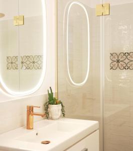 un bagno con lavandino e doccia di Premium Central Apartment a Braşov