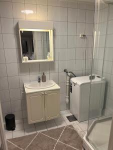 een badkamer met een wastafel, een toilet en een spiegel bij Liten koselig hybelleilighet for 1 til 2 personer - sentral beliggenhet og gunstig pris in Tromsø