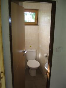 a small bathroom with a toilet and a window at Chata Česká Kubice in Česká Kubice