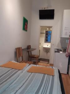 ウィーンにあるアパートメント ダリアのベッド1台付きの部屋、テーブル付きのキッチンが備わる客室です。