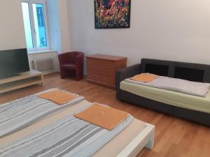 Habitación con 2 camas, TV y silla. en Apartment Dahlia Vienna, en Viena