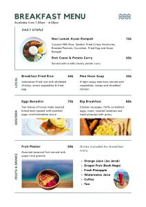 a screenshot of a menu for a breakfast menu at Seascapes Bira in Bira