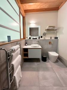 ein Badezimmer mit einem WC, einem Waschbecken und einem Spiegel in der Unterkunft Bay of Many Coves in Arthur's Bay
