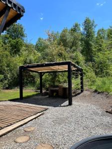 a wooden shelter with a picnic table in a field at Cabaña en el bosque-Termas de Chillán in Recinto