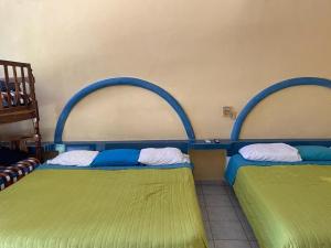 two beds in a room with green and blue at Hotel Tamarindos in Zihuatanejo